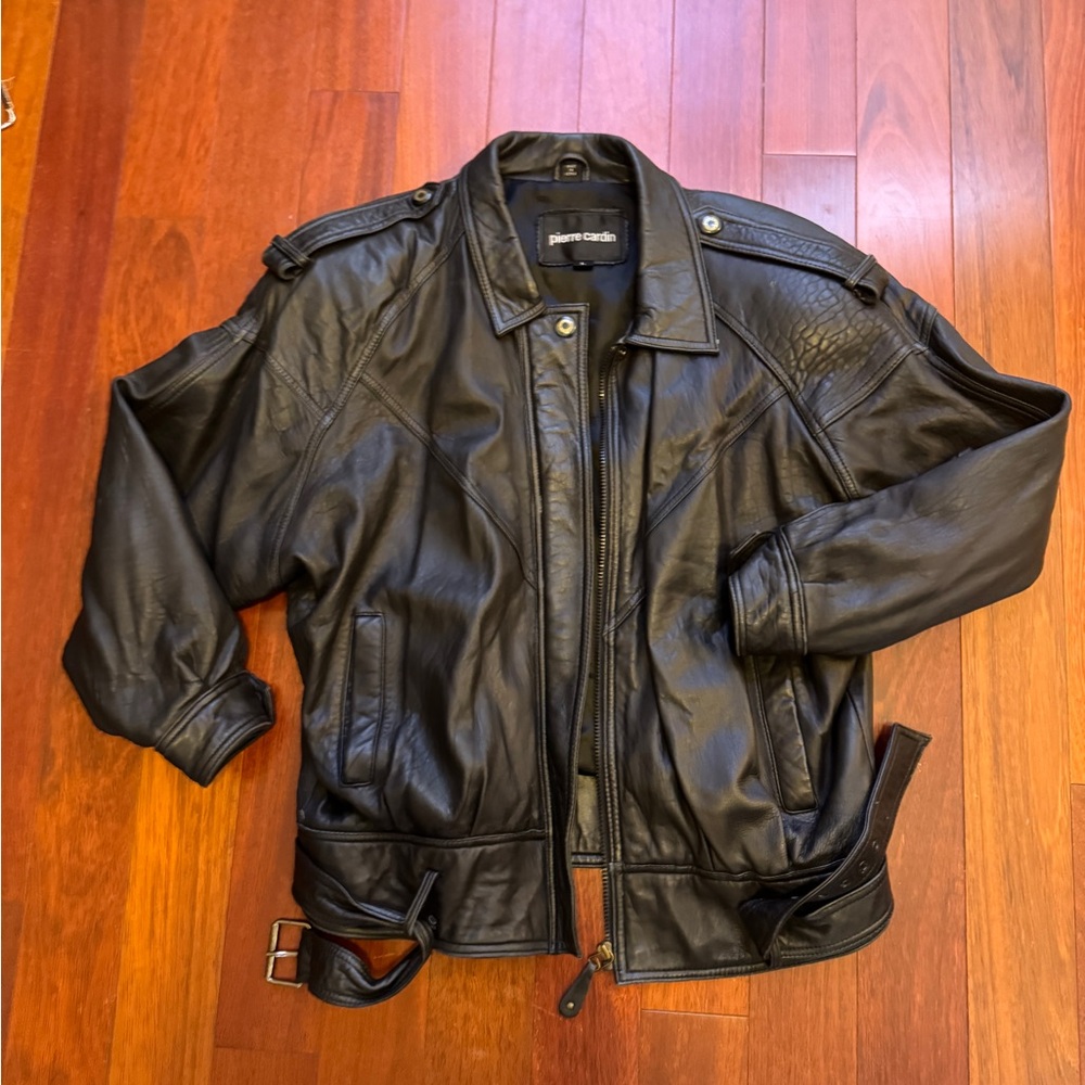 Pierre Cardin Black Leather Bomber Jacket with Epaulets
